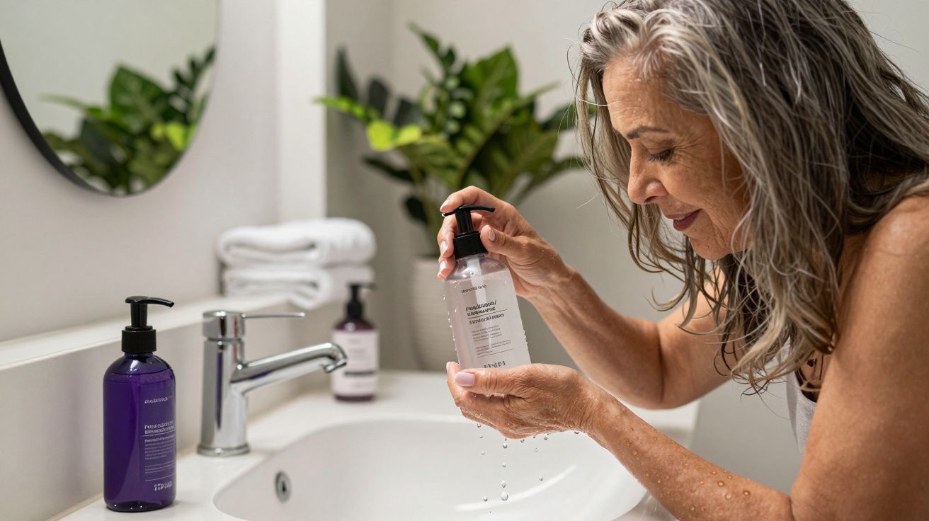 Mulher madura lava as mãos com sabonete líquido numa casa de banho moderna, com plantas e toalhas brancas.