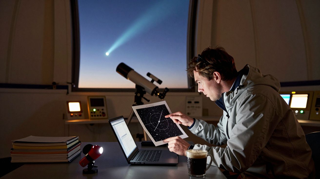 Astrónomo analisa mapa estelar em observatório com telescópio, olhar fixo no ecrã do computador, cometa visível ao fundo.