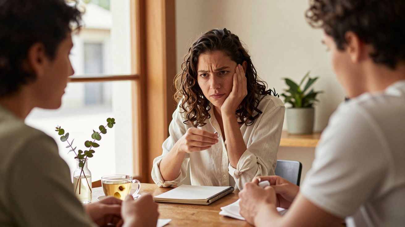 Mulher preocupada sentada à mesa entre duas pessoas, com chá e caderno, em ambiente de interior iluminado.