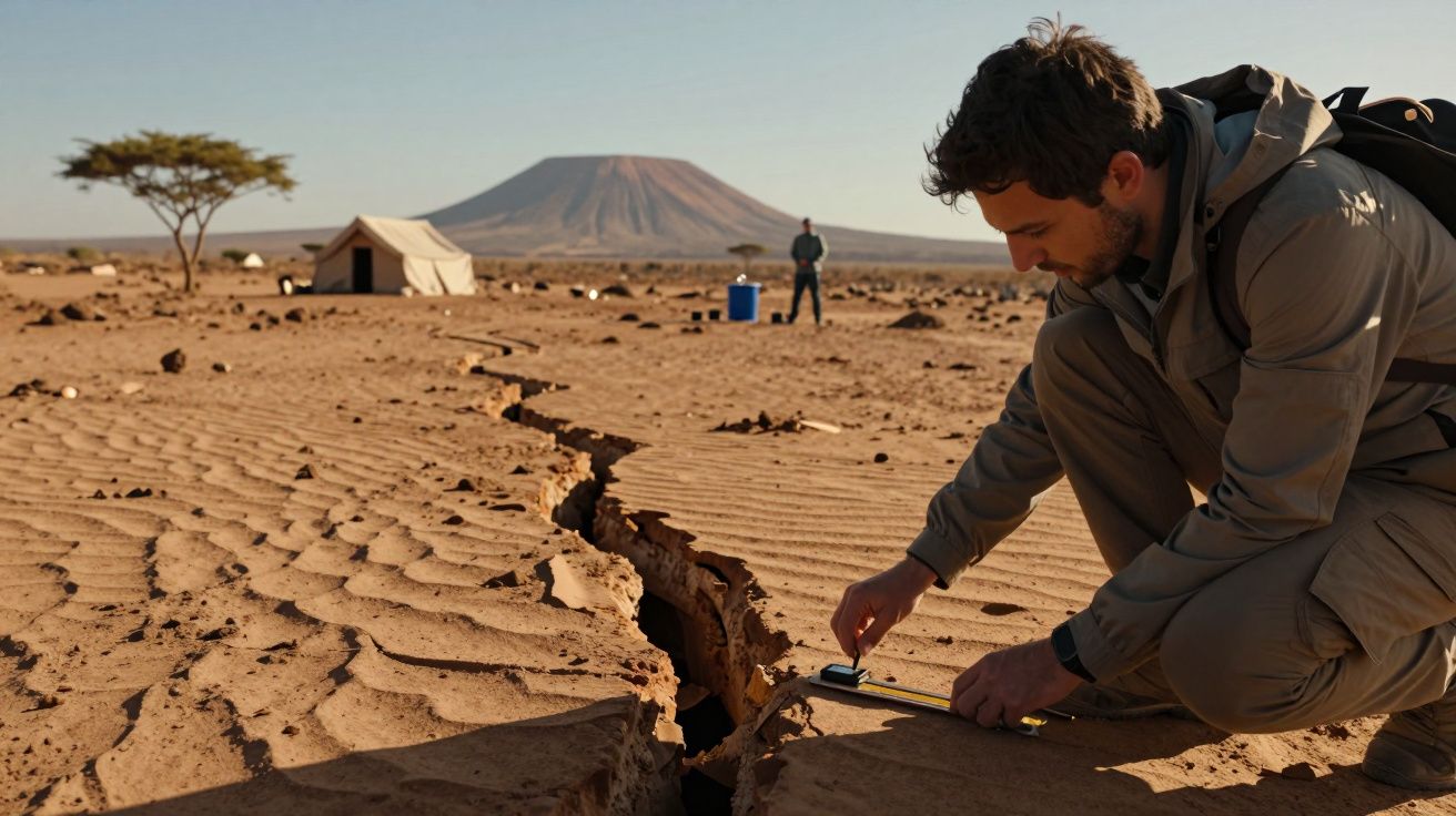 Homem estuda fenda no solo árido com tenda ao fundo, montanha e árvore.