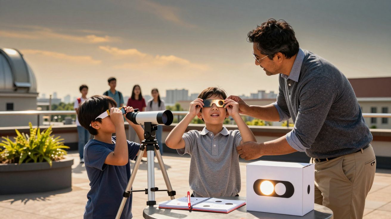 Professor ensina crianças a observarem o céu com telescópio e óculos especiais num terraço ao ar livre.
