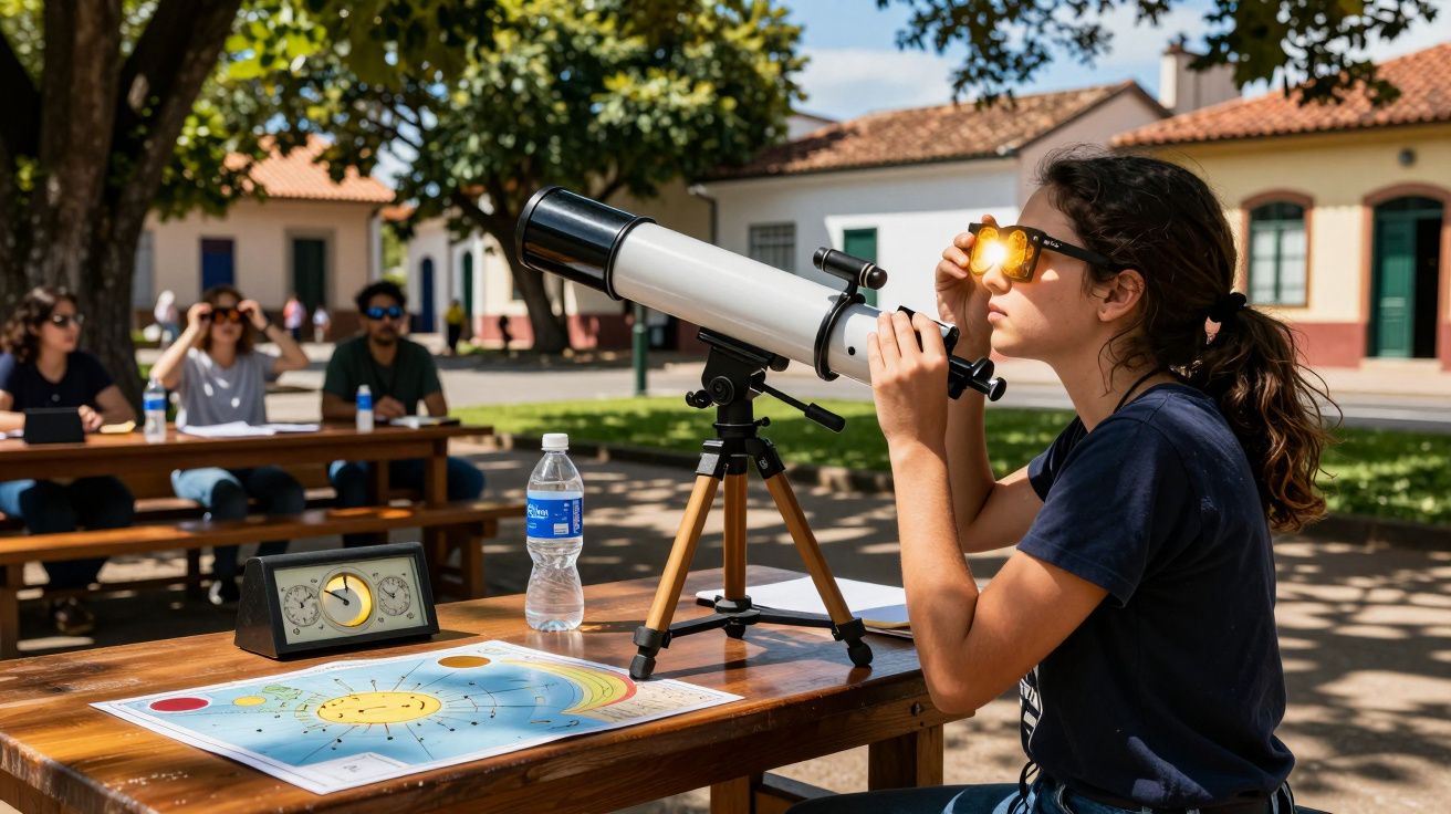 Pessoa usando telescópio ao ar livre, observando o sol com óculos de proteção. Pessoas ao fundo em mesas de madeira.