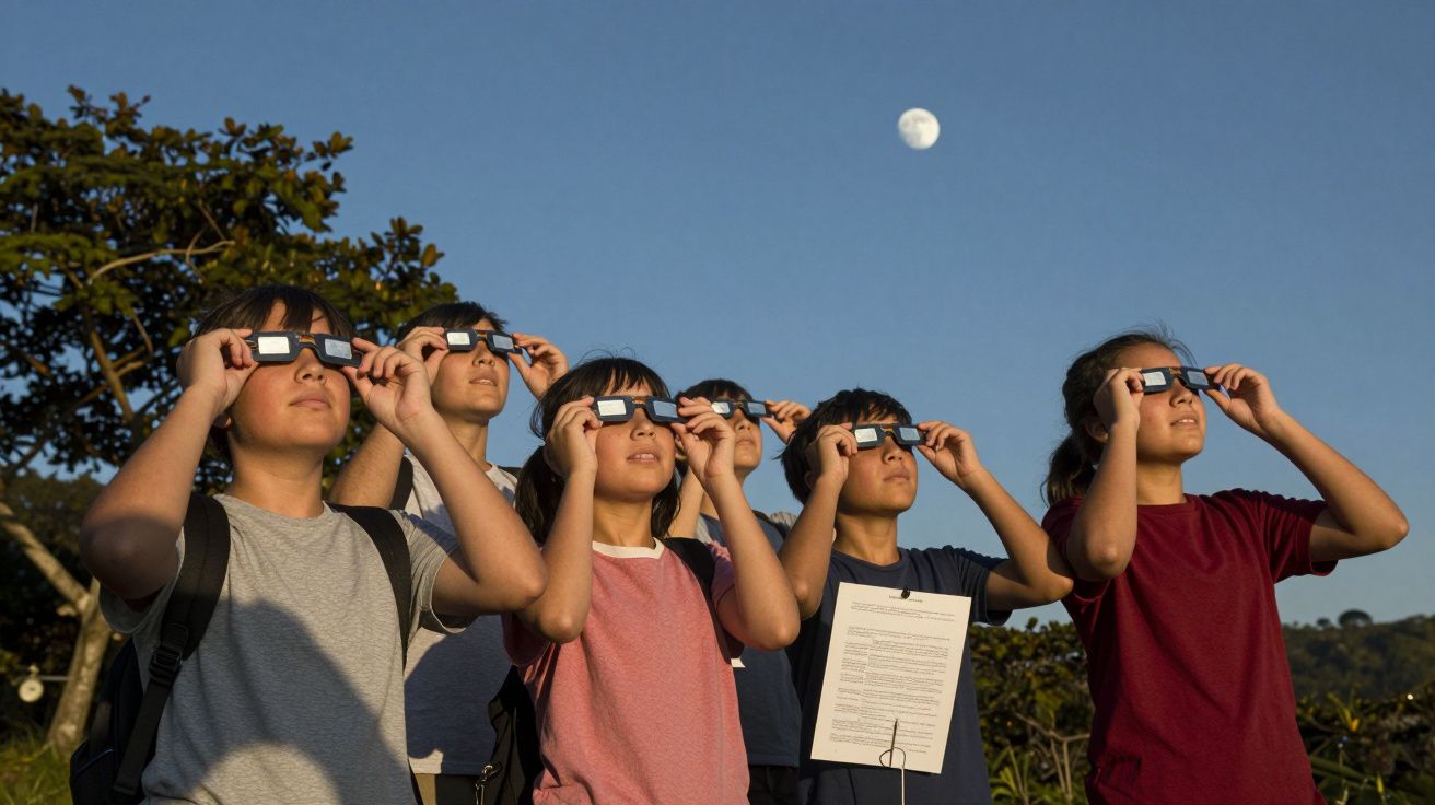 Grupo de crianças observa o céu com óculos especiais durante o dia, com a lua visível ao fundo.