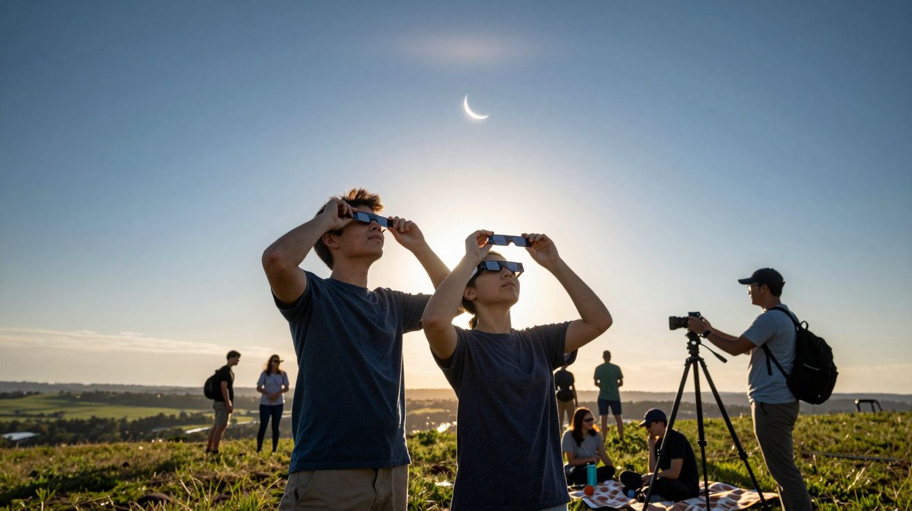 Grupo de pessoas a observar um eclipse solar num campo, com óculos de proteção e câmara fotográfica montada.