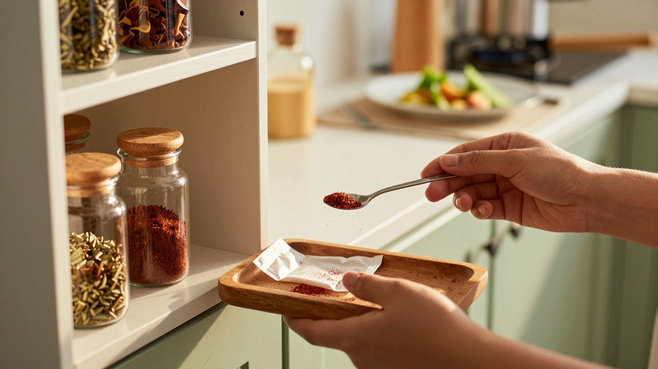 Mãos segurando tabuleiro de madeira, adicionando especiarias de frasco em cozinha iluminada por luz natural.