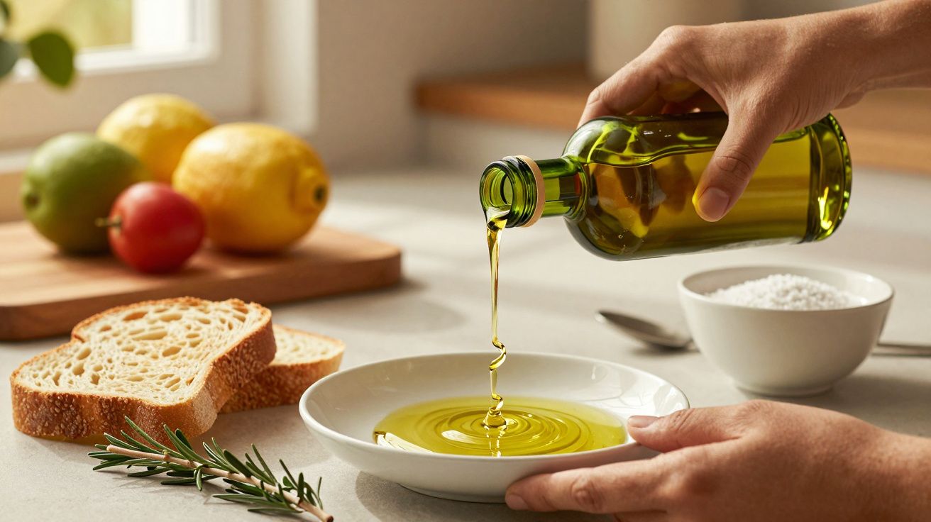 Mãos vertem azeite em prato, rodeado por pão, alecrim e limão sobre bancada iluminada.