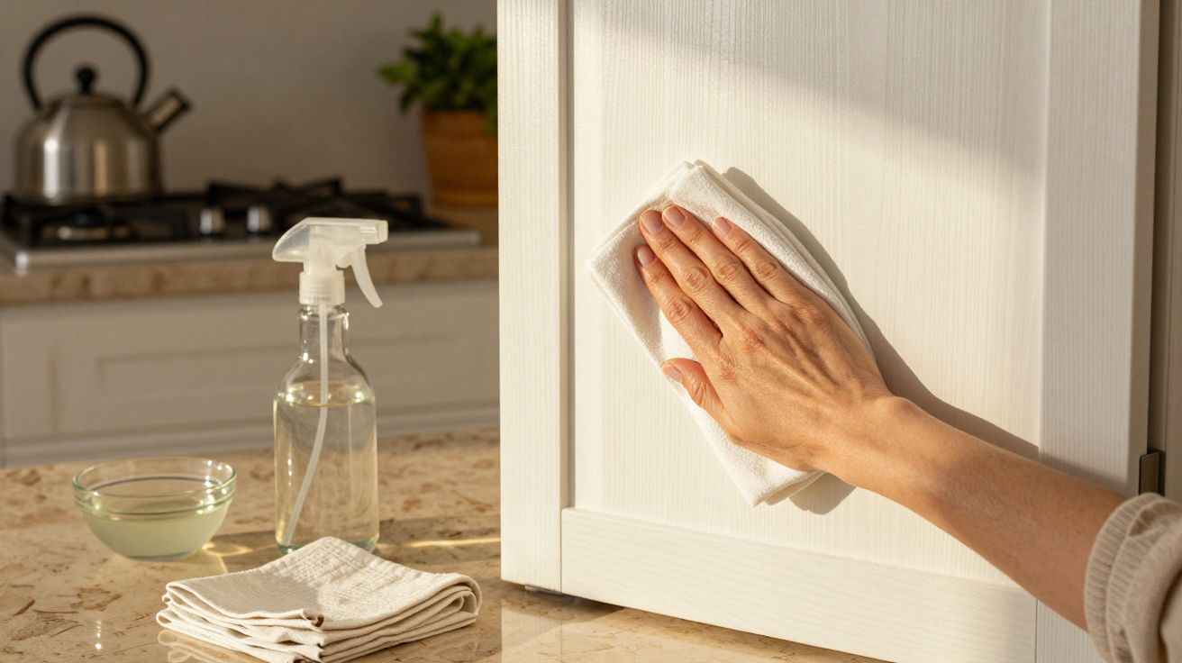 Mão a limpar armário de cozinha branco com pano, spray de limpeza e panos empilhados em bancada de mármore.
