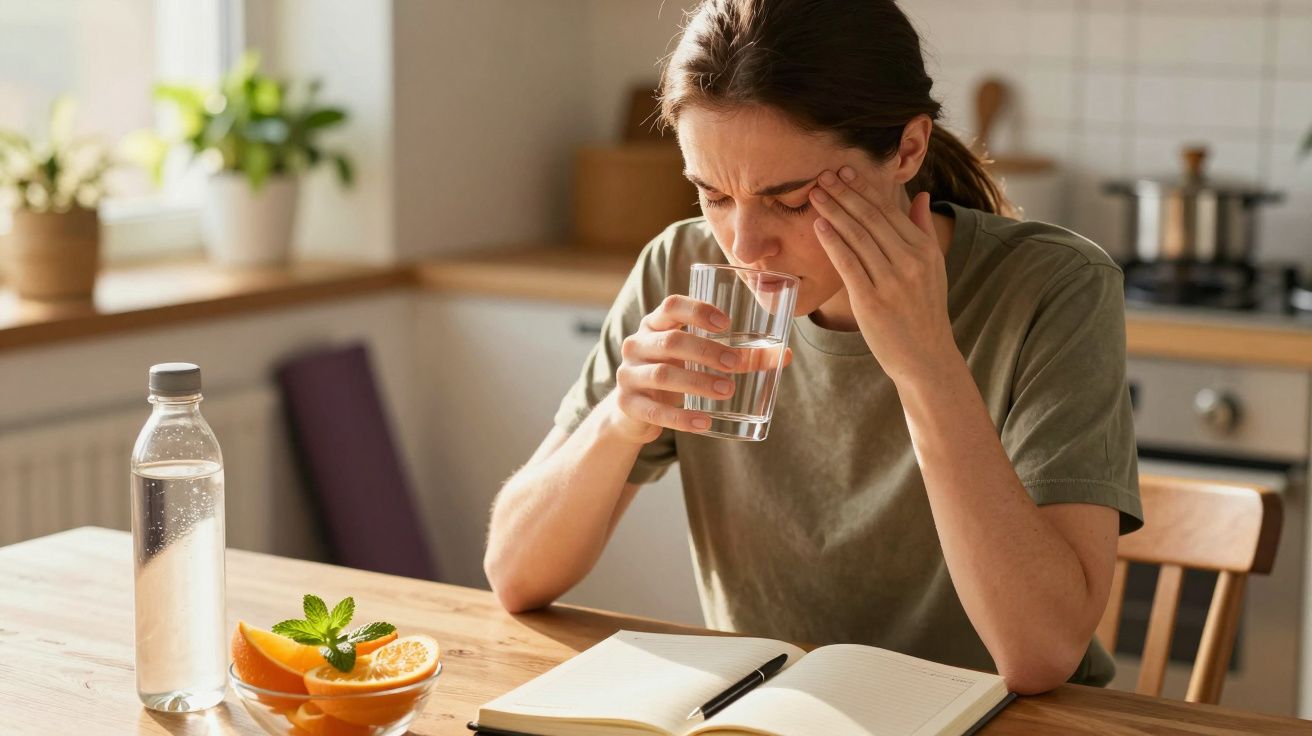 Mulher sentada à mesa, segurando um copo de água e tocando na cabeça com expressão de desconforto.