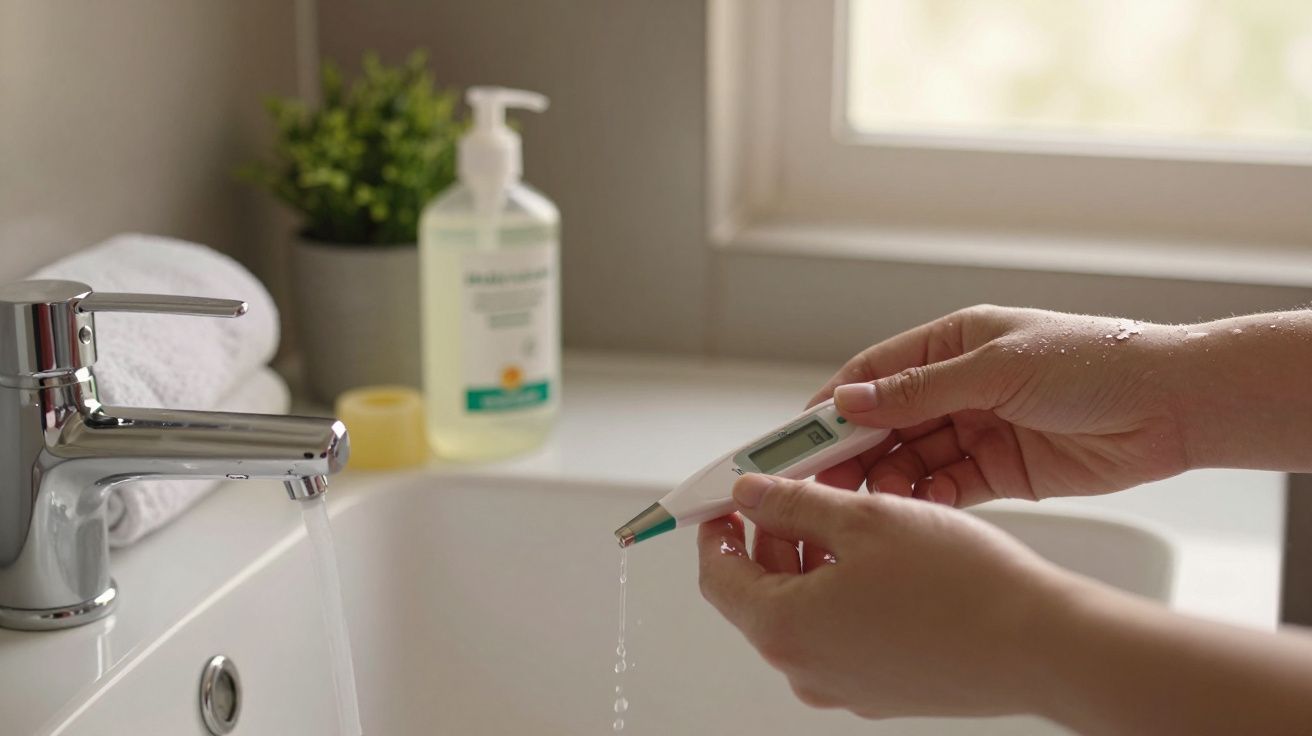 Mãos a lavar termómetro sob a torneira numa casa de banho, com sabonete líquido e toalha ao fundo.