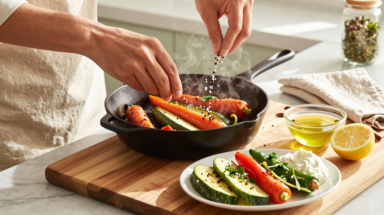 Pessoa a temperar legumes numa frigideira de ferro fundido em bancada de cozinha, com limão e azeite ao lado.