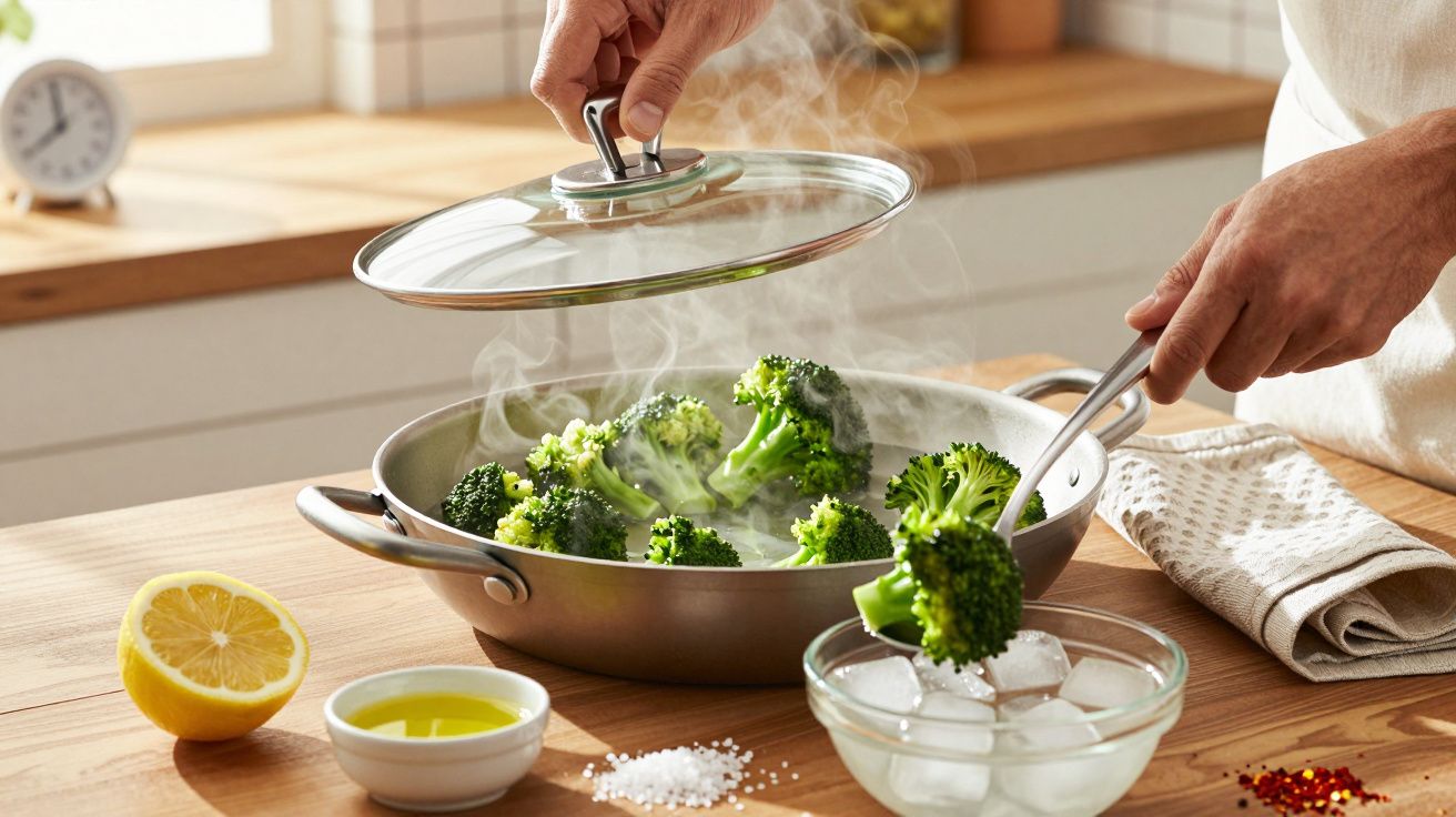 Pessoa cozinha brócolos a vapor numa frigideira, com tigela de água, limão e azeite ao lado.