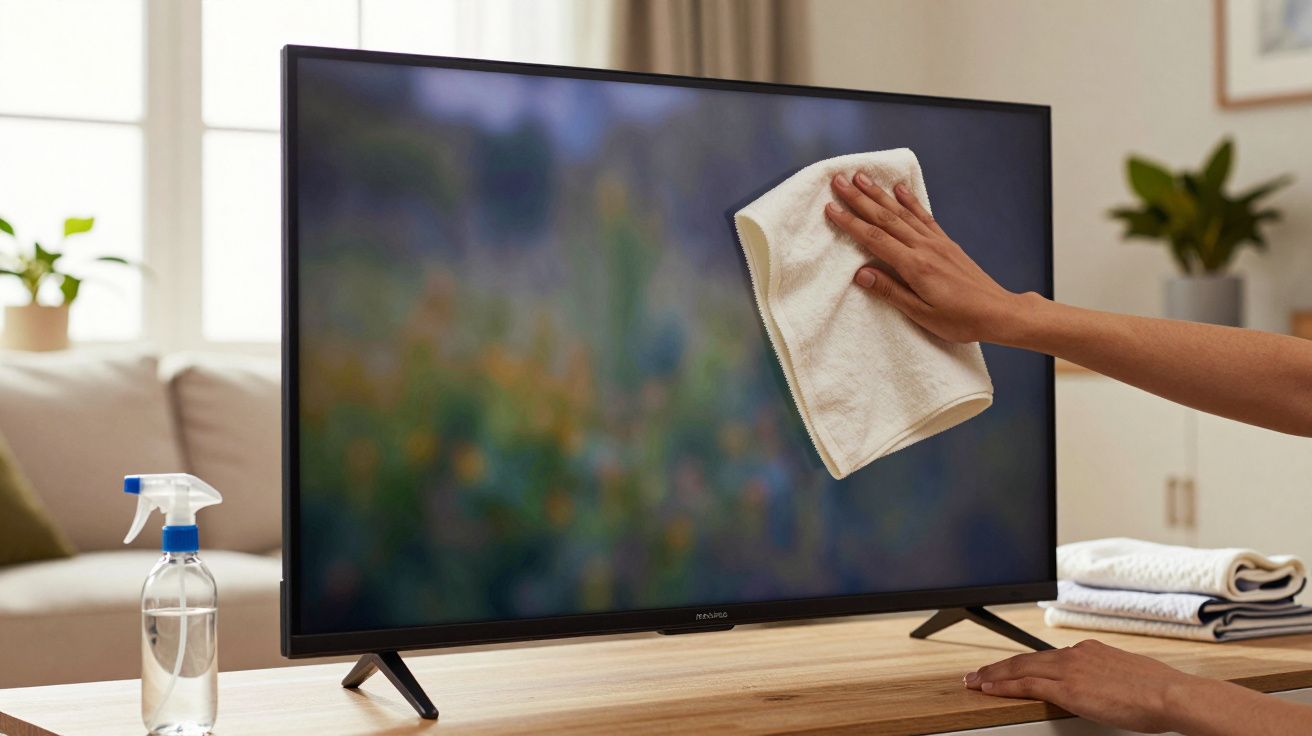 Pessoa a limpar um ecrã de televisão com um pano branco. Uma garrafa de spray está sobre a mesa.