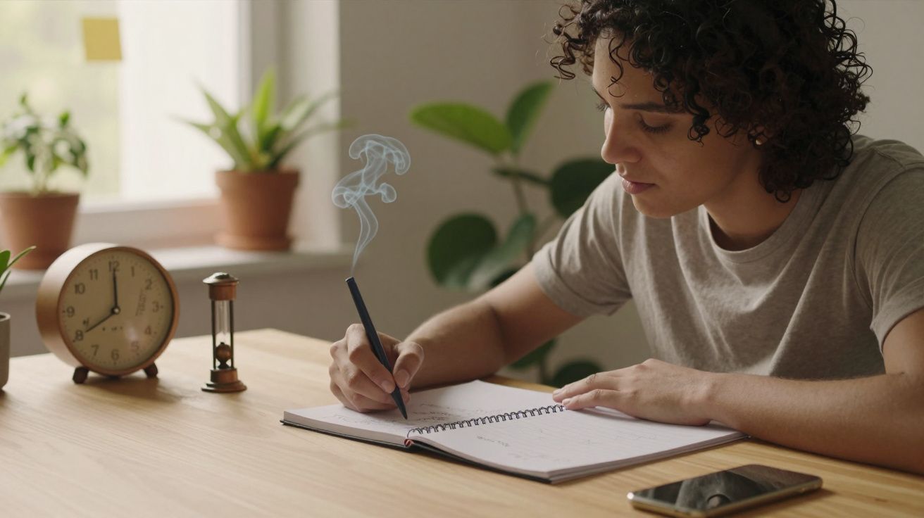 Pessoa estudando numa mesa, rodeada de plantas, um relógio e um telemóvel, escrevendo num caderno.