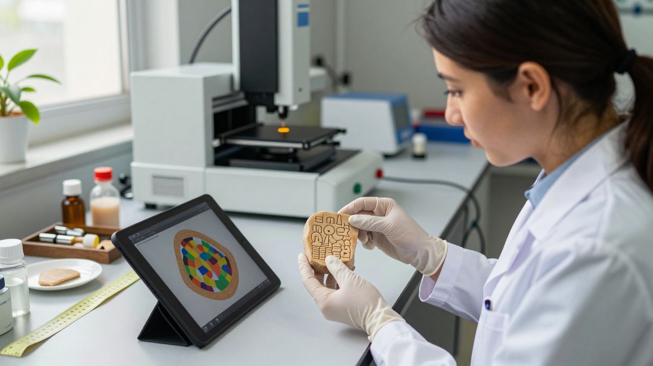 Cientista analisa biscoito com padrão geométrico no laboratório, com ecrã a mostrar esquema colorido.