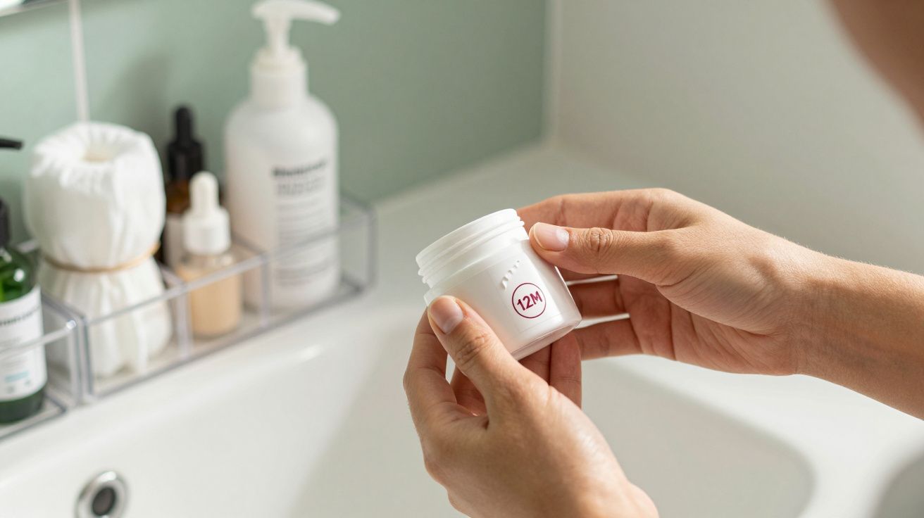 Pessoa a segurar um frasco de creme branco junto a uma bancada de casa de banho com vários produtos de higiene.