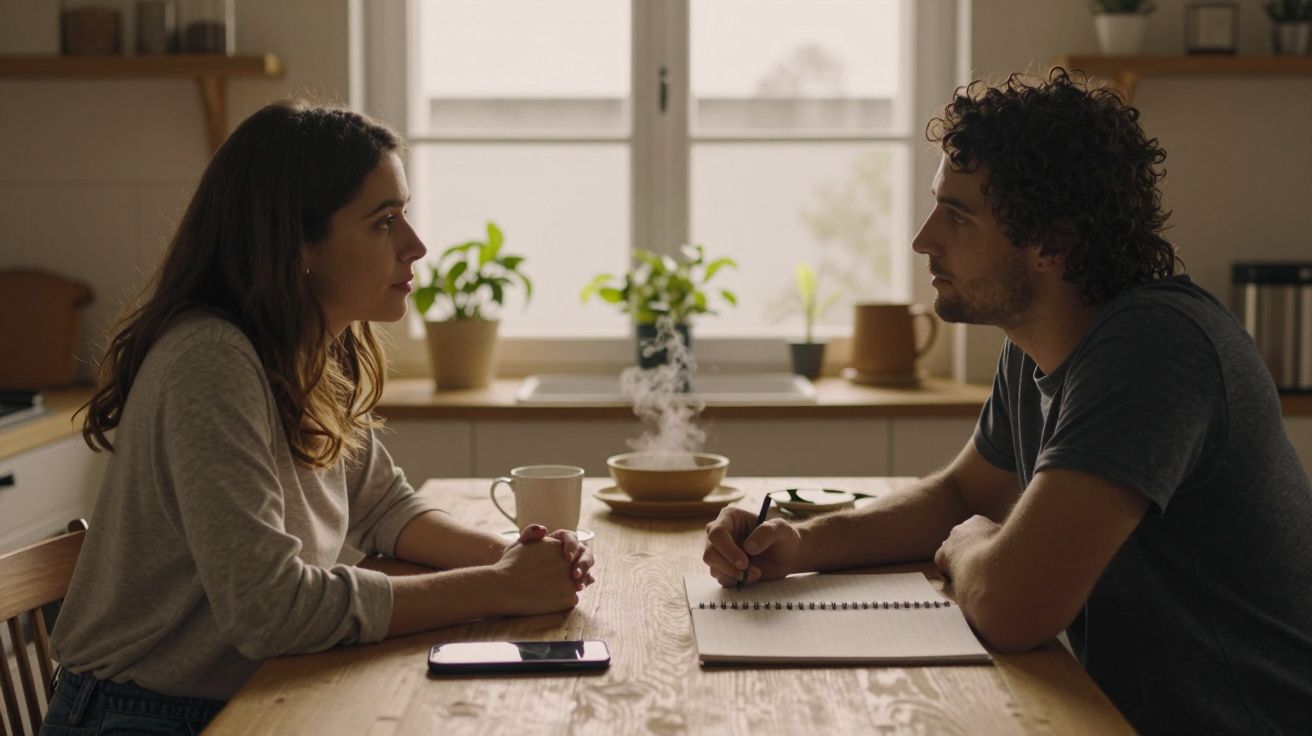 Mulher e homem conversam numa cozinha, sentados à mesa com chávena e caderno.