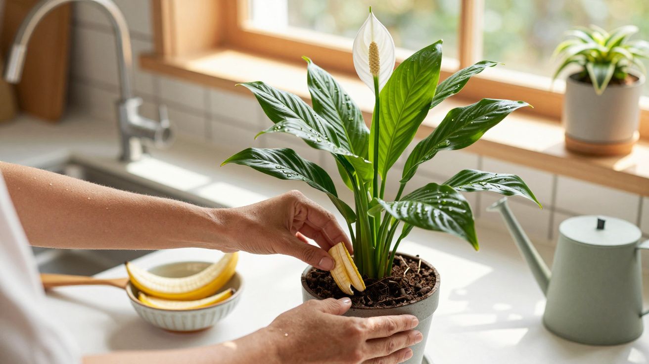 Mãos colocando cascas de banana no vaso de um lírio-da-paz em cima de uma bancada de cozinha junto a uma janela.