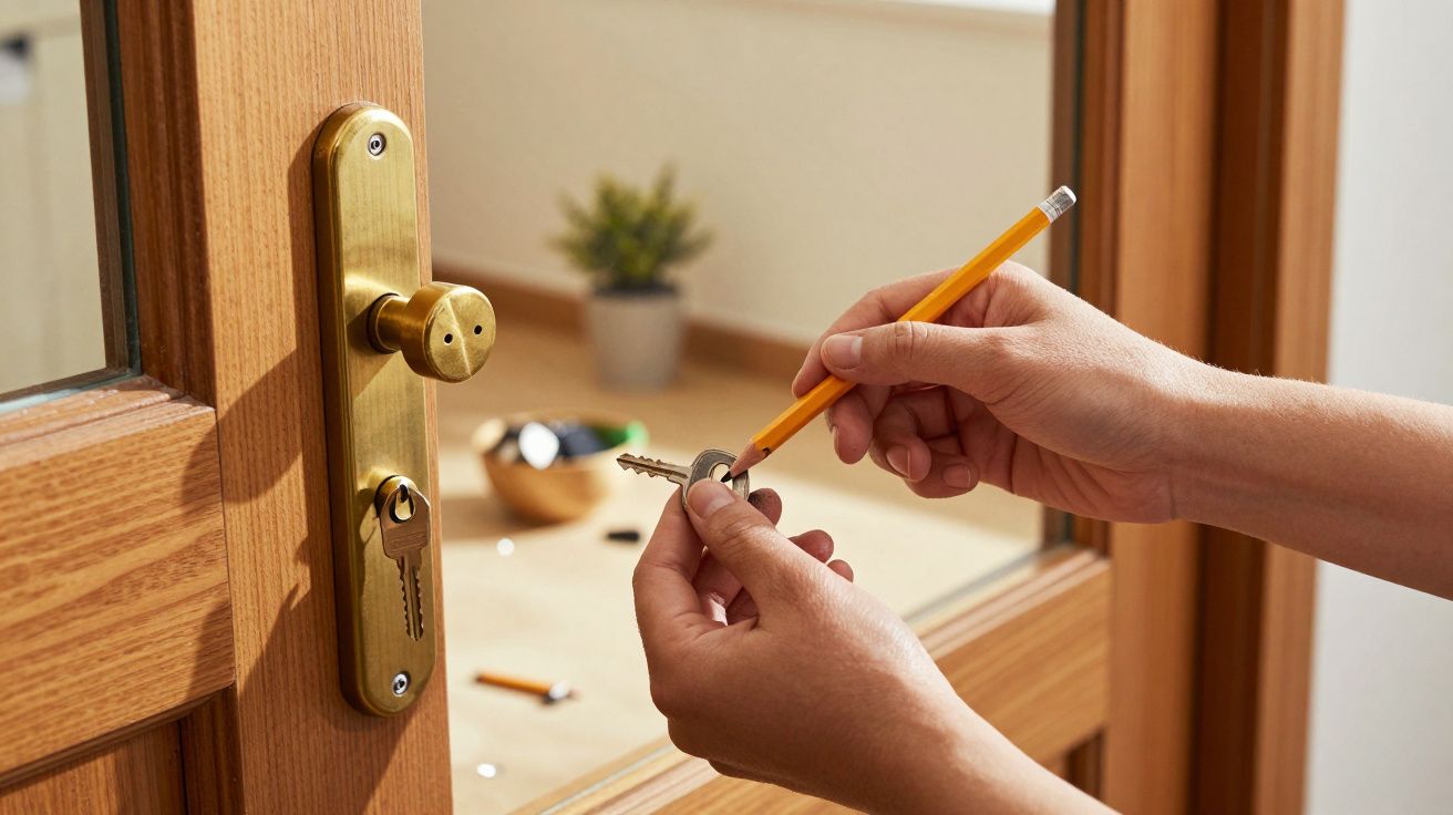 Mãos seguram um lápis e uma chave numa fechadura dourada, com porta de madeira aberta ao fundo.