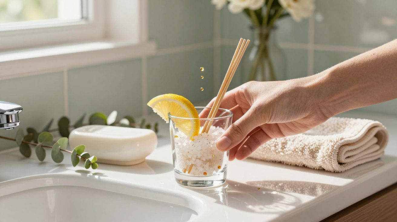 Mão segurando copo com sal grosso, pauzinhos e fatia de limão sobre lavatório. Toalha e sabonete ao lado.