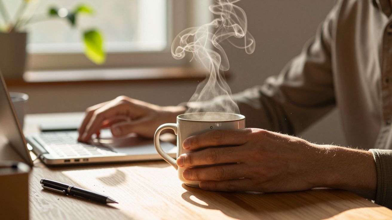 Pessoa segurando chávena de café fumegante enquanto usa portátil numa mesa de madeira iluminada pelo sol.