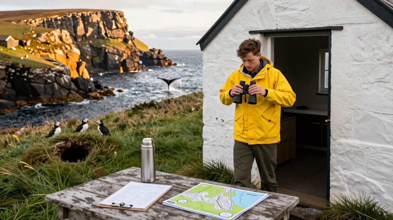 Homem com casaco amarelo observa o mar com binóculos perto de um penhasco com puffins. Mesa com mapa e garrafa térmica.