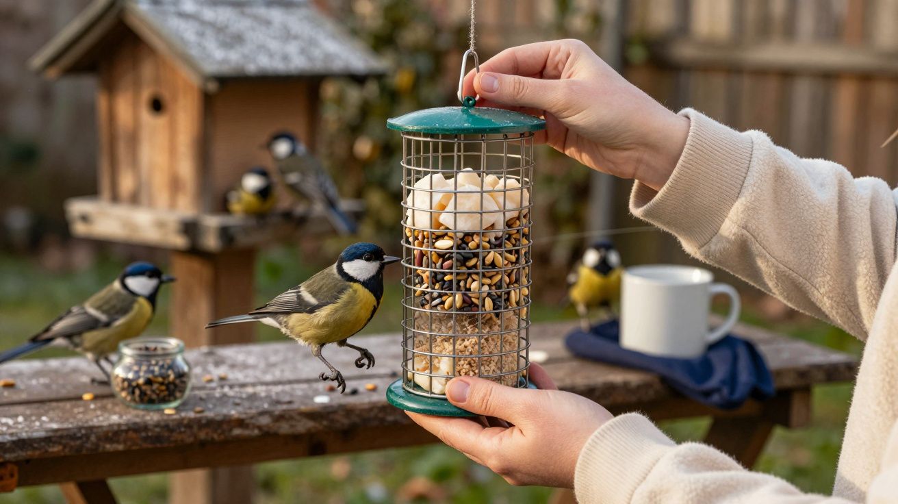 Pessoa segura alimentador de pássaros no jardim, enquanto chapim se aproxima; mesa com sementes e casinha ao fundo.