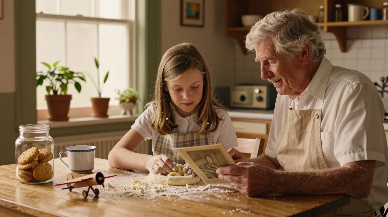 Avô e neta juntos na cozinha, fazendo biscoitos e olhando fotos antigas.