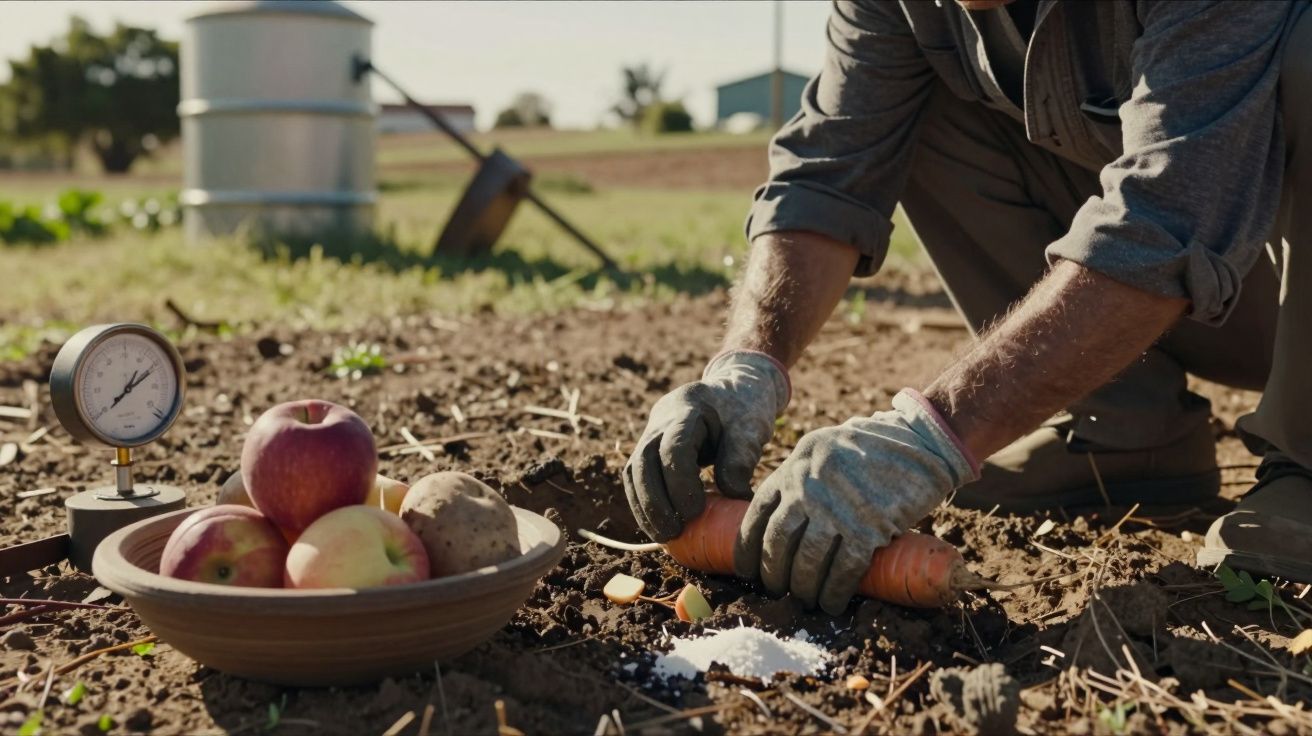 Homem colhendo cenoura no campo, com maçãs e batatas numa tigela ao lado e manómetro no solo.