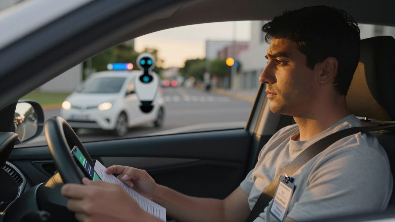 Homem no carro com cinto de segurança, segurando papéis, à frente de viatura policial parada numa rua durante o dia.