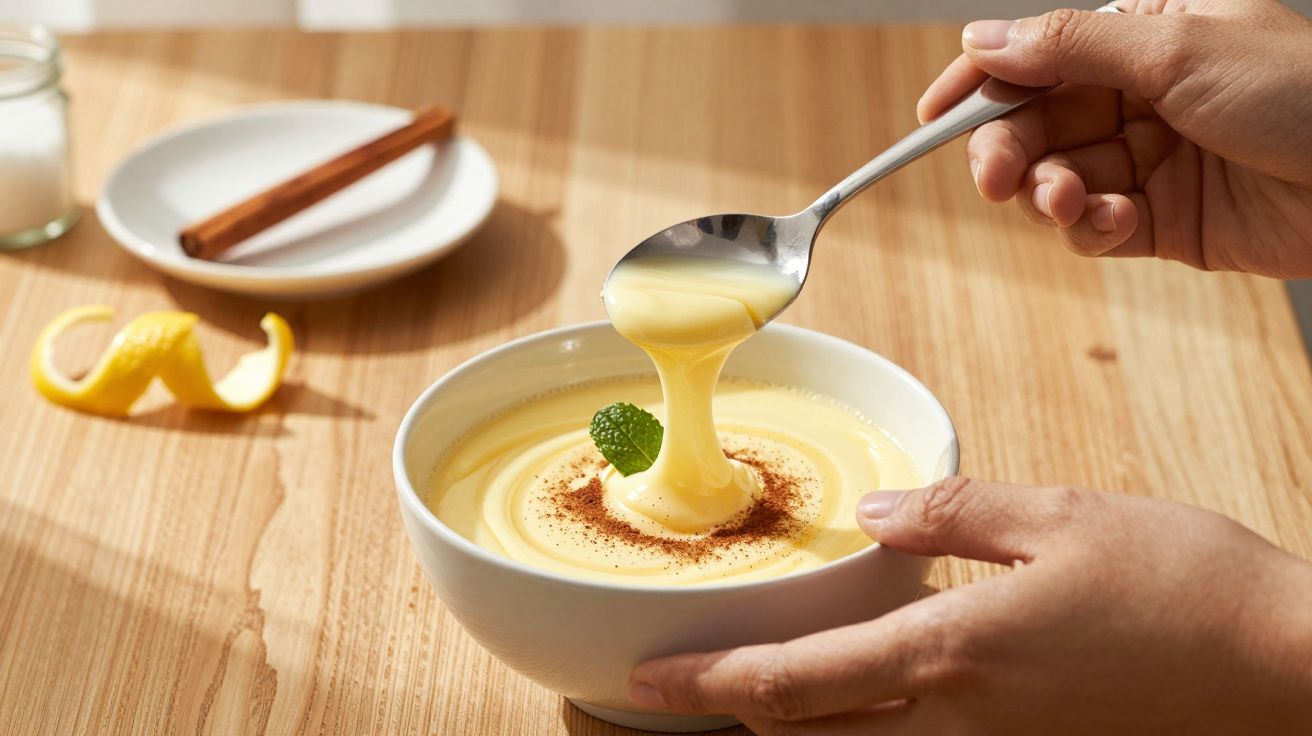 Mãos segurando uma taça de creme doce decorado com canela e hortelã, com colher a servir uma porção.