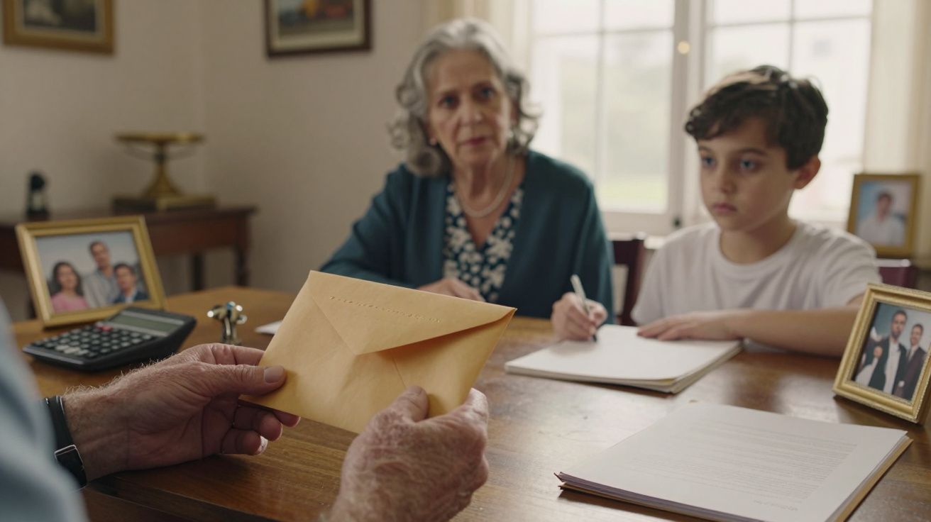 Homem entrega envelope a uma mulher idosa e um menino numa mesa com fotos emolduradas ao fundo.