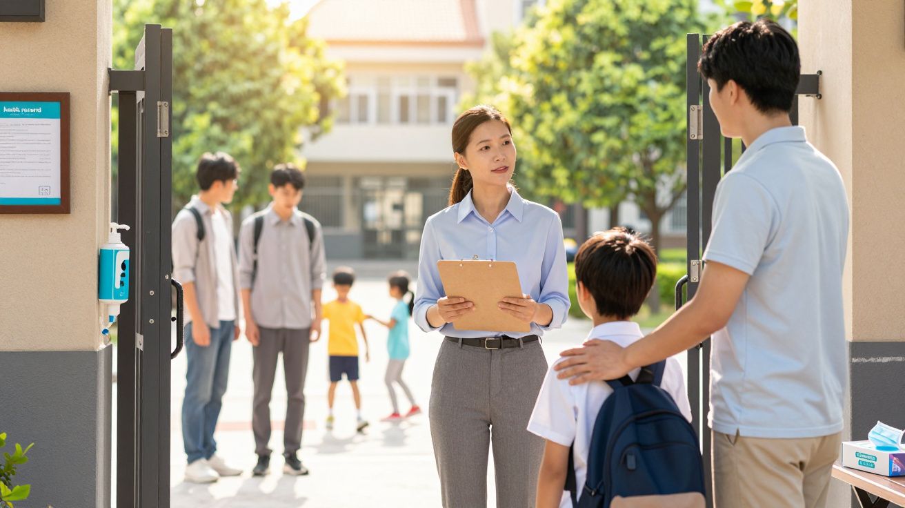 Professora conversa com pai e filho à entrada da escola, enquanto outras crianças caminham ao fundo.