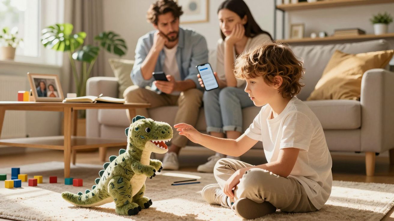 Criança brinca com dinossauro de peluche numa sala enquanto adultos ao fundo usam telemóveis, sentados no sofá.