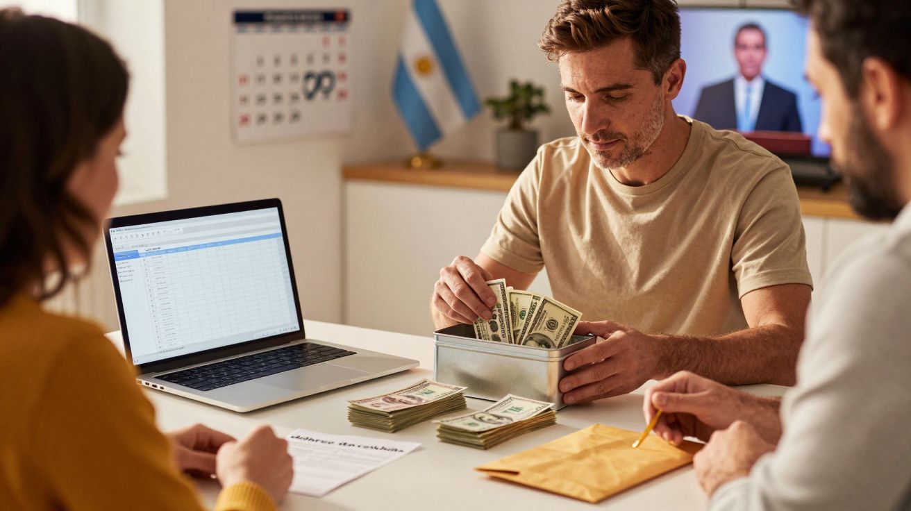 Homem conta notas numa caixa, com portátil e envelope na mesa, bandeira da Argentina ao fundo.