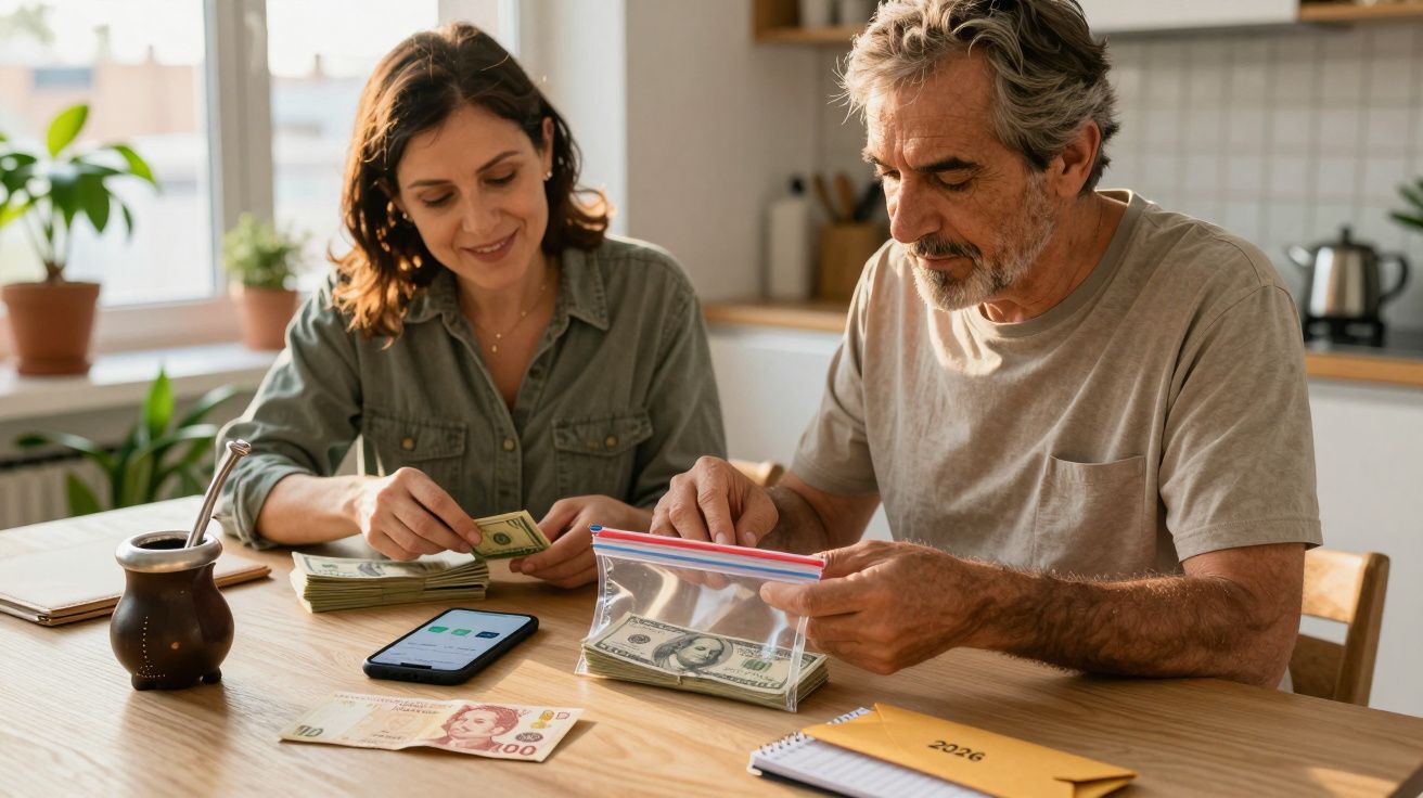 Homem e mulher a contar dinheiro numa mesa com um smartphone, planta, chávena e caderno ao lado.