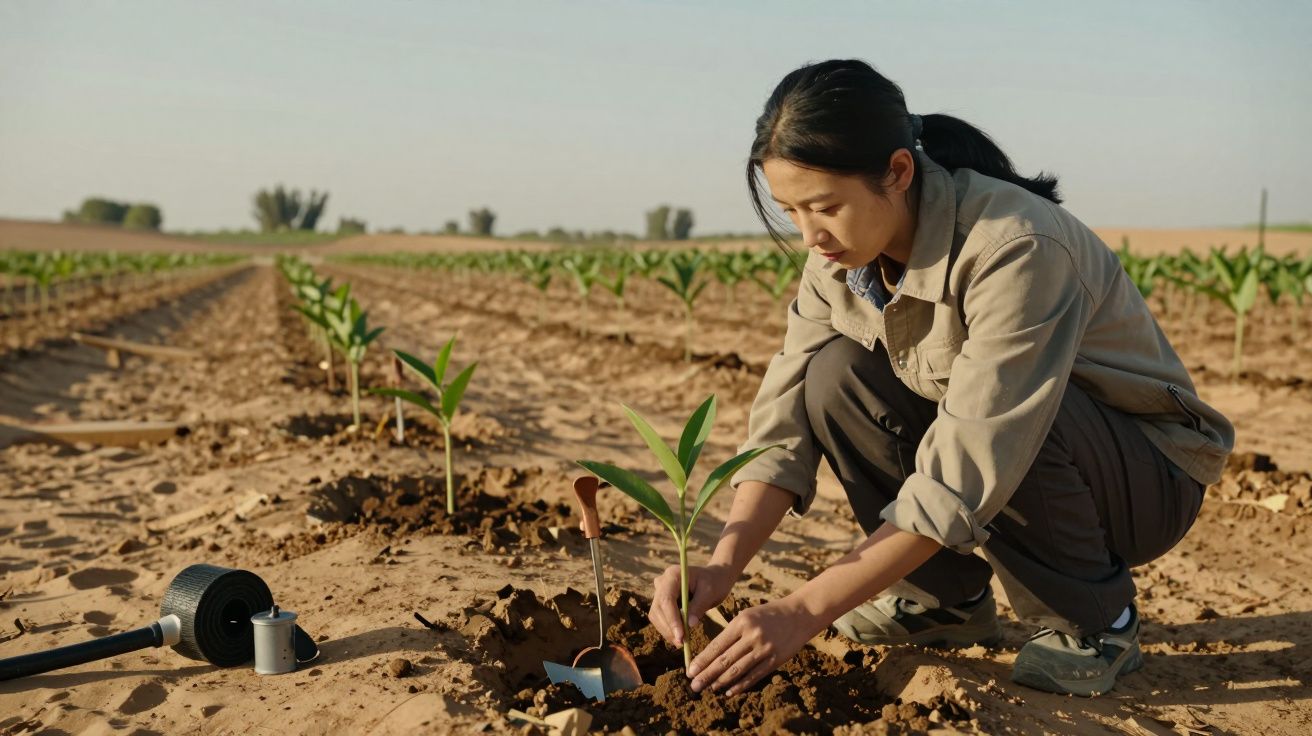 Mulher ajoelhada a plantar uma muda num campo agrícola, com regador e terra ao redor.