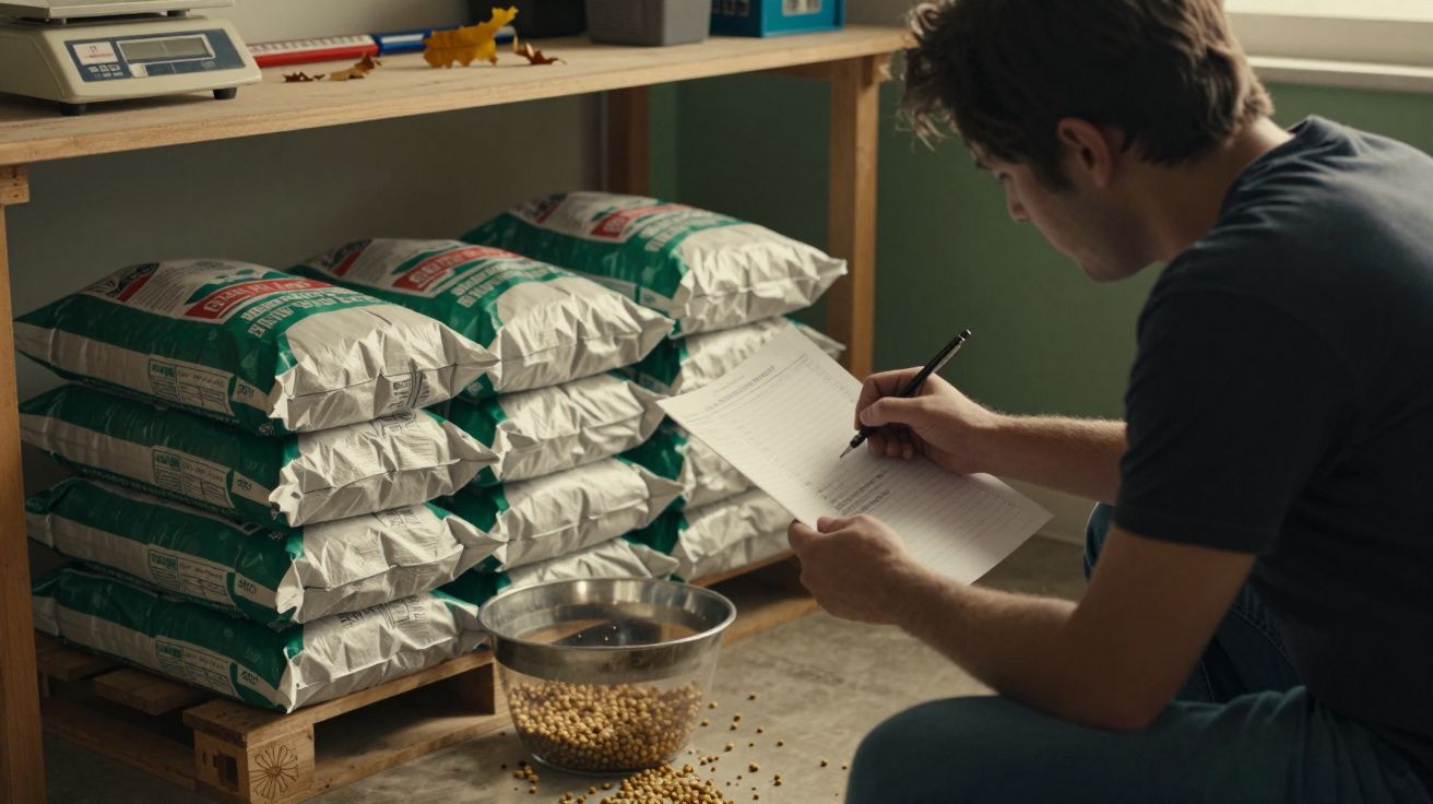 Homem sentado no chão a escrever numa folha, com várias sacas empilhadas ao lado e um recipiente com grãos à frente.