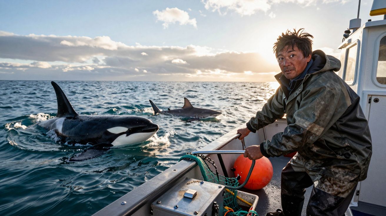 Homem num barco observa duas orcas nadando ao lado, com sol poente e mar azul ao fundo.