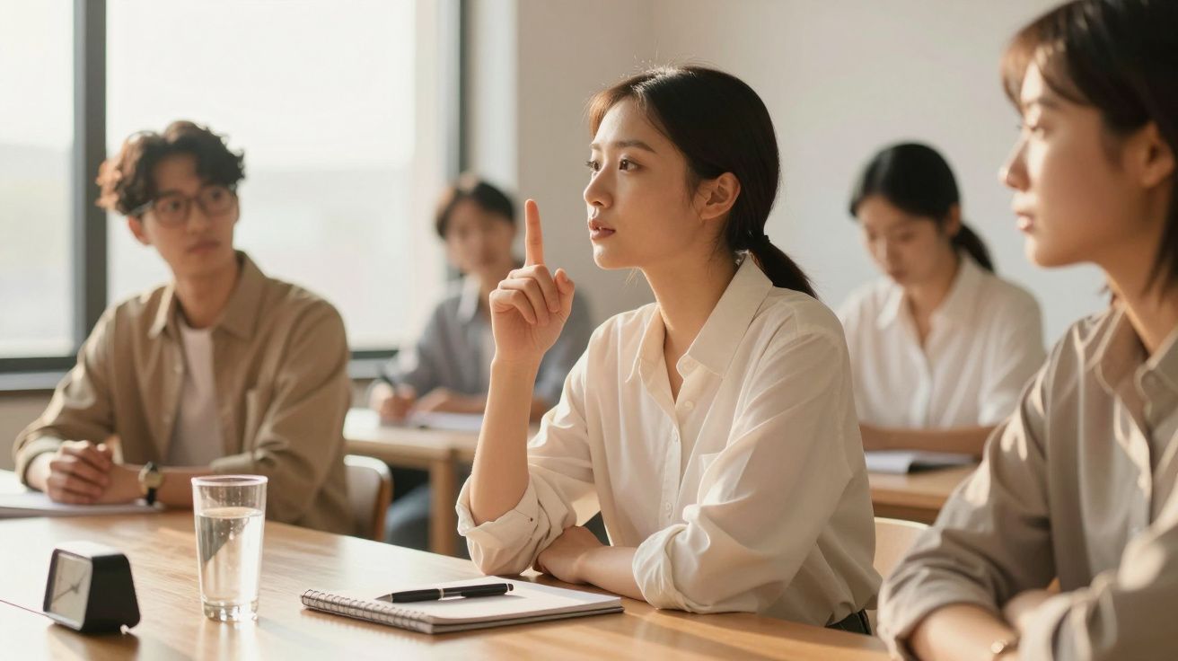 Grupo de estudantes numa sala de aula, mulher ao centro levanta a mão para fazer uma pergunta.