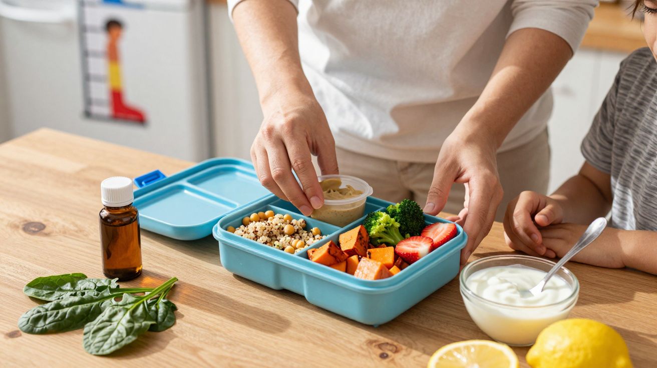 Mãos a preparar uma lancheira azul com vegetais, grãos, molho e fruta, numa mesa com folhas verdes e iogurte.