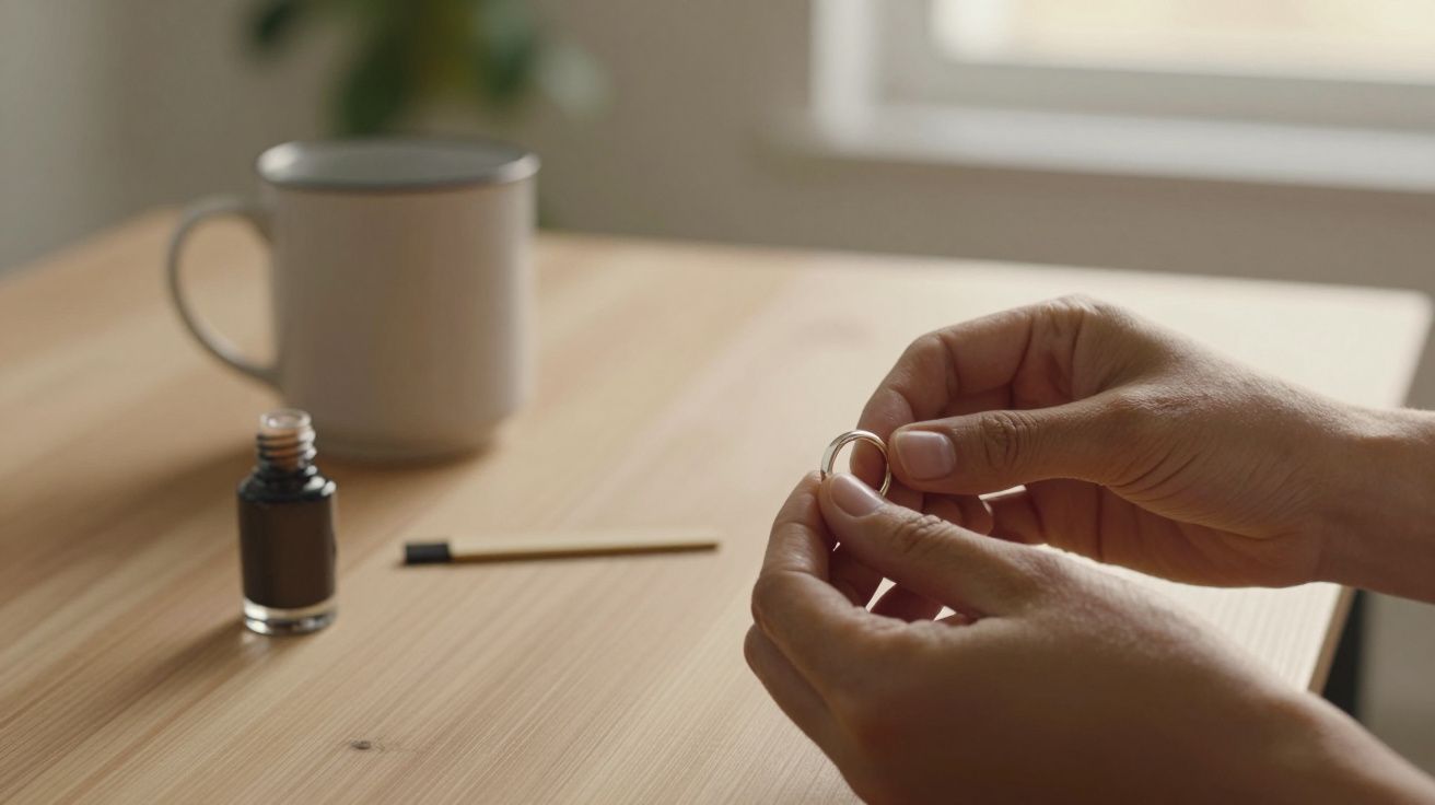 Mãos segurando um anel num fundo com mesa de madeira, uma caneca e frasco de verniz ao lado.