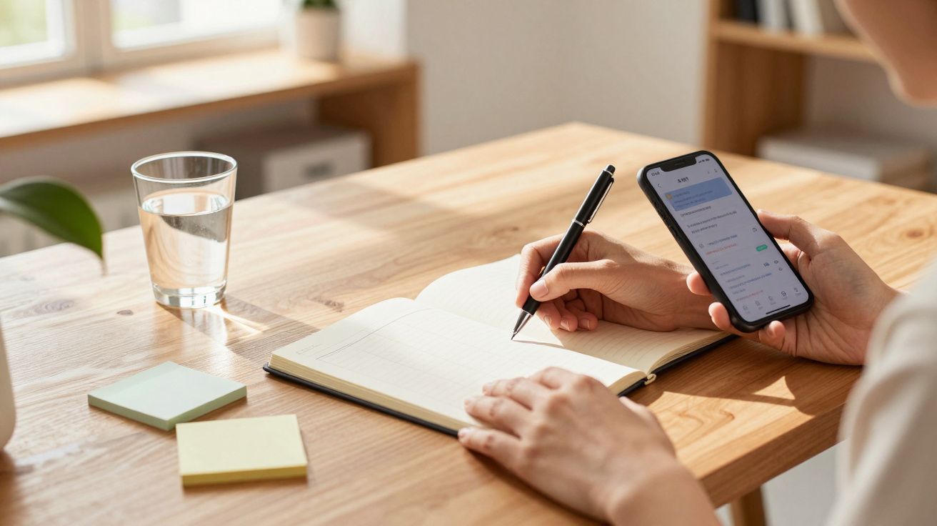 Pessoa escreve num caderno enquanto olha para o telemóvel, ao lado de um copo de água e notas adesivas numa mesa de madeira.