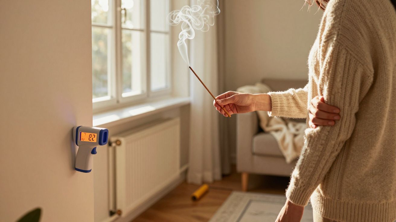 Pessoa segurando incenso aceso com fumo, termómetro digital na parede mostrando 22°C, sala com janela e sofá ao fundo.