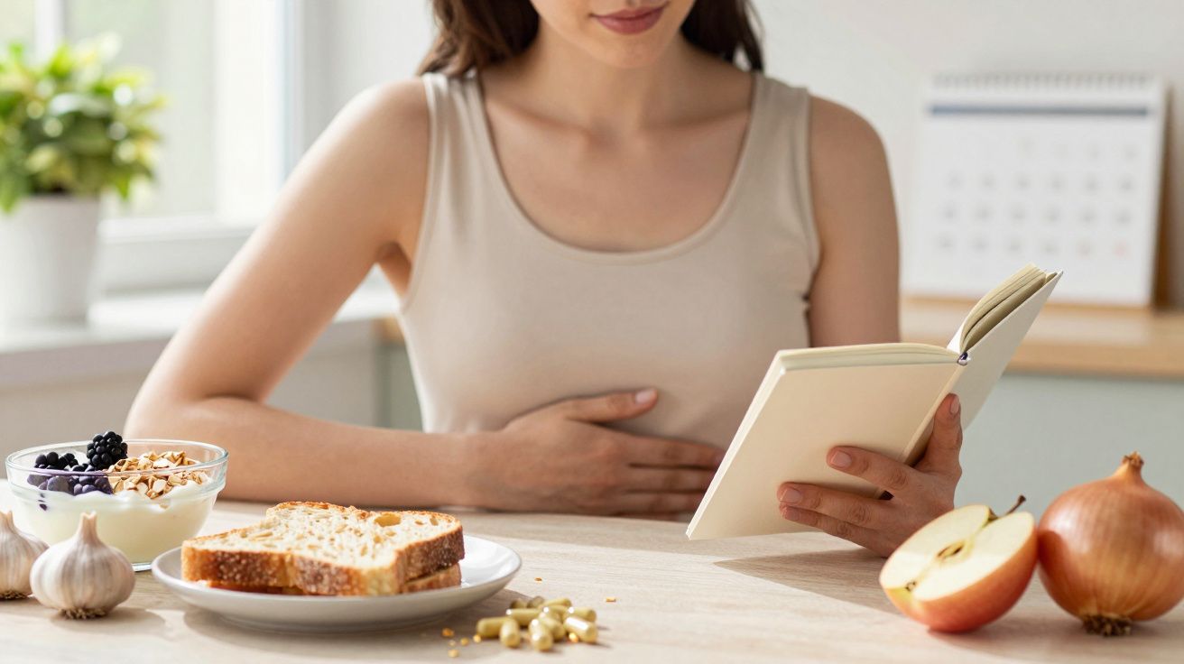 Mulher sentada à mesa, segurando livro, com comida saudável à frente: pão, queijo, alho, maçã, cebola e iogurte.