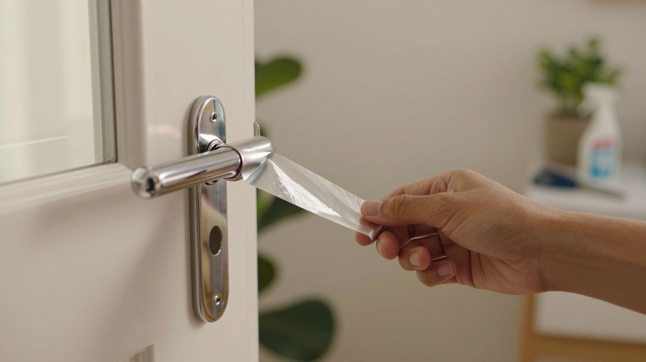 Mão a remover película protetora de uma maçaneta metálica numa porta branca.