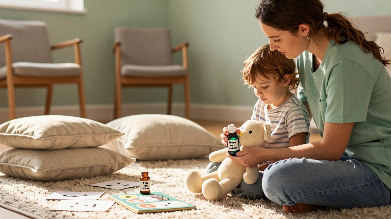Mulher e criança sentados no chão brincam com ursinho e frascos, rodeados por almofadas e cartas de aprendizagem.