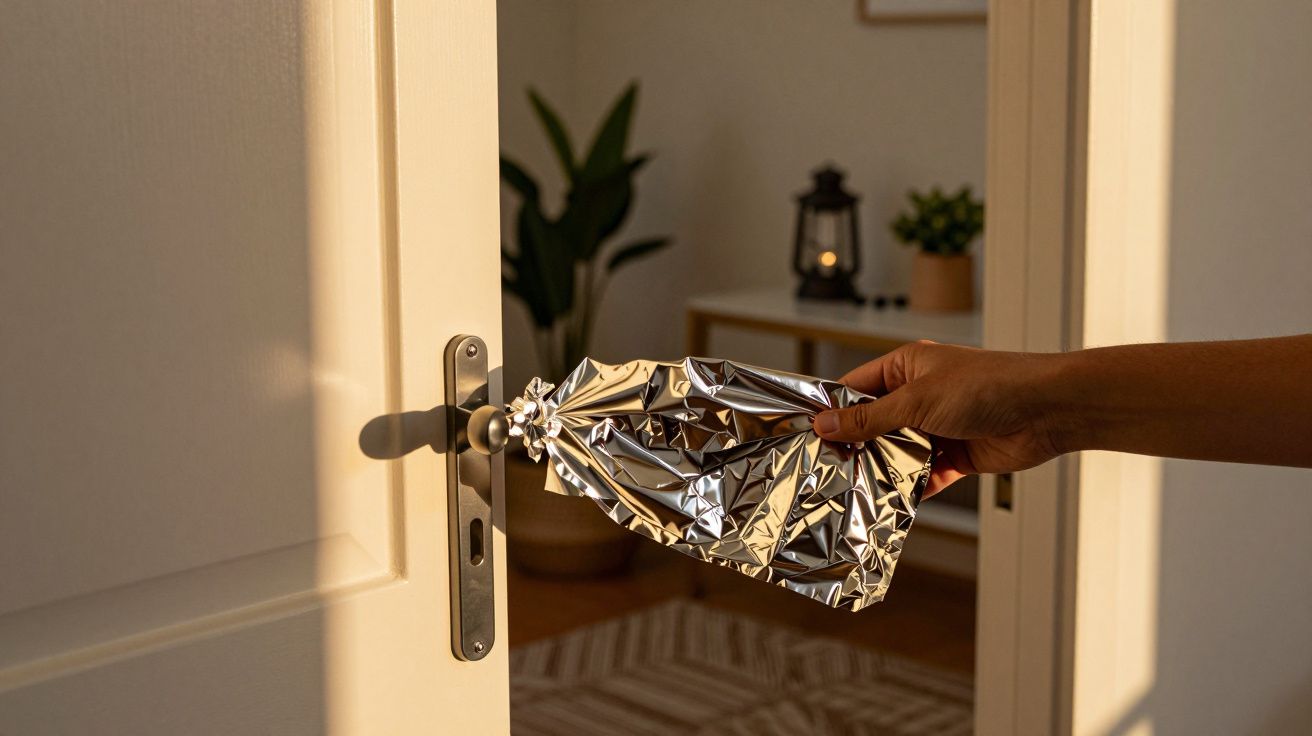 Mão a usar folha de alumínio para abrir porta, com luz do sol e planta no fundo.