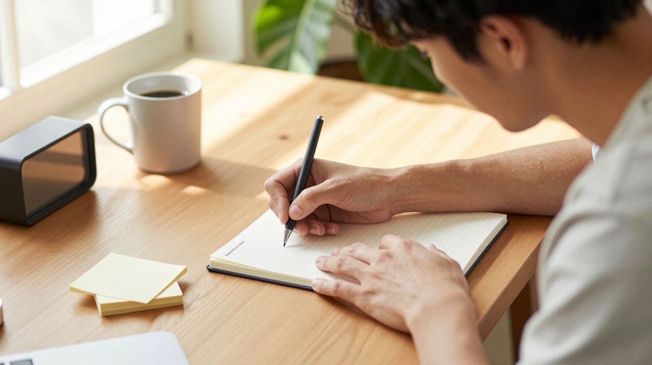 Homem escreve num caderno em cima de uma mesa de madeira com uma caneca de café e post-its.