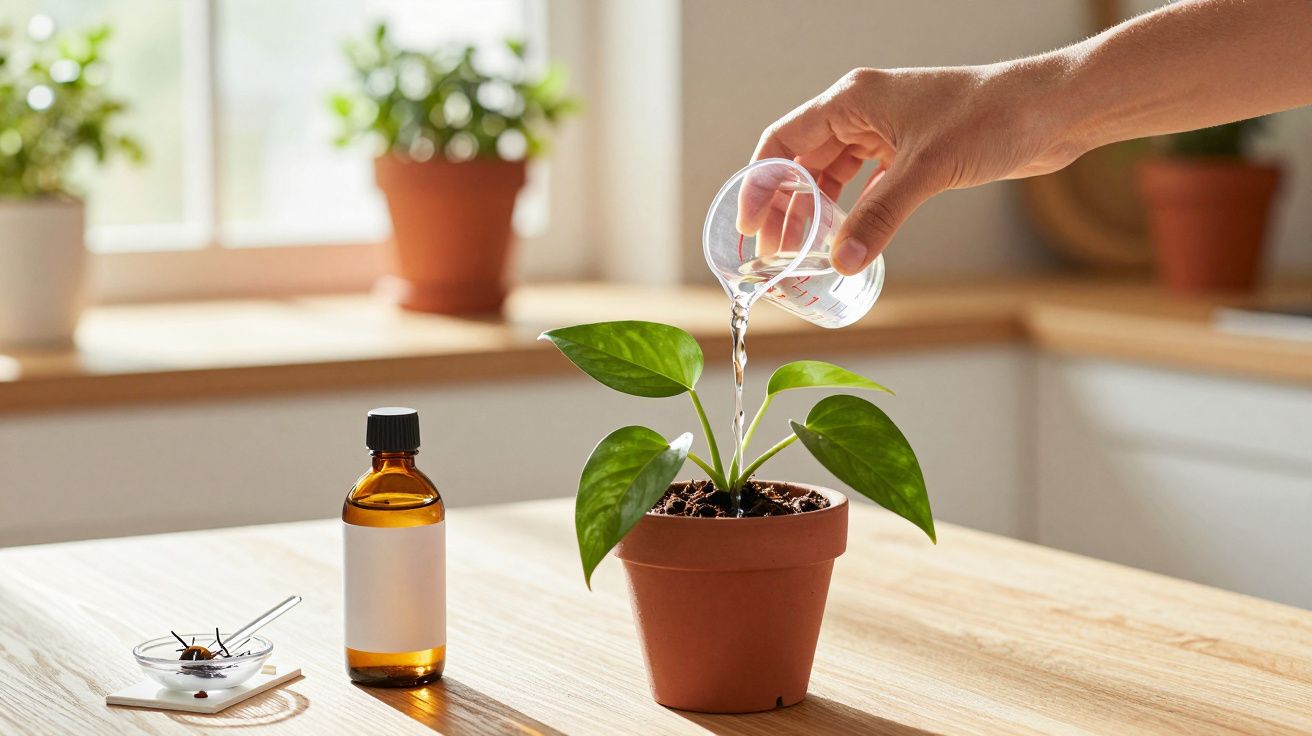 Mão a regar planta em vaso de barro numa cozinha, com frasco de vidro âmbar e prato com pau de canela ao lado.