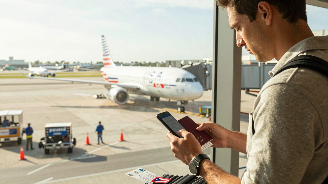 Homem no terminal de aeroporto segura passaporte e telemóvel ao lado de janela, avião estacionado na pista ao fundo.